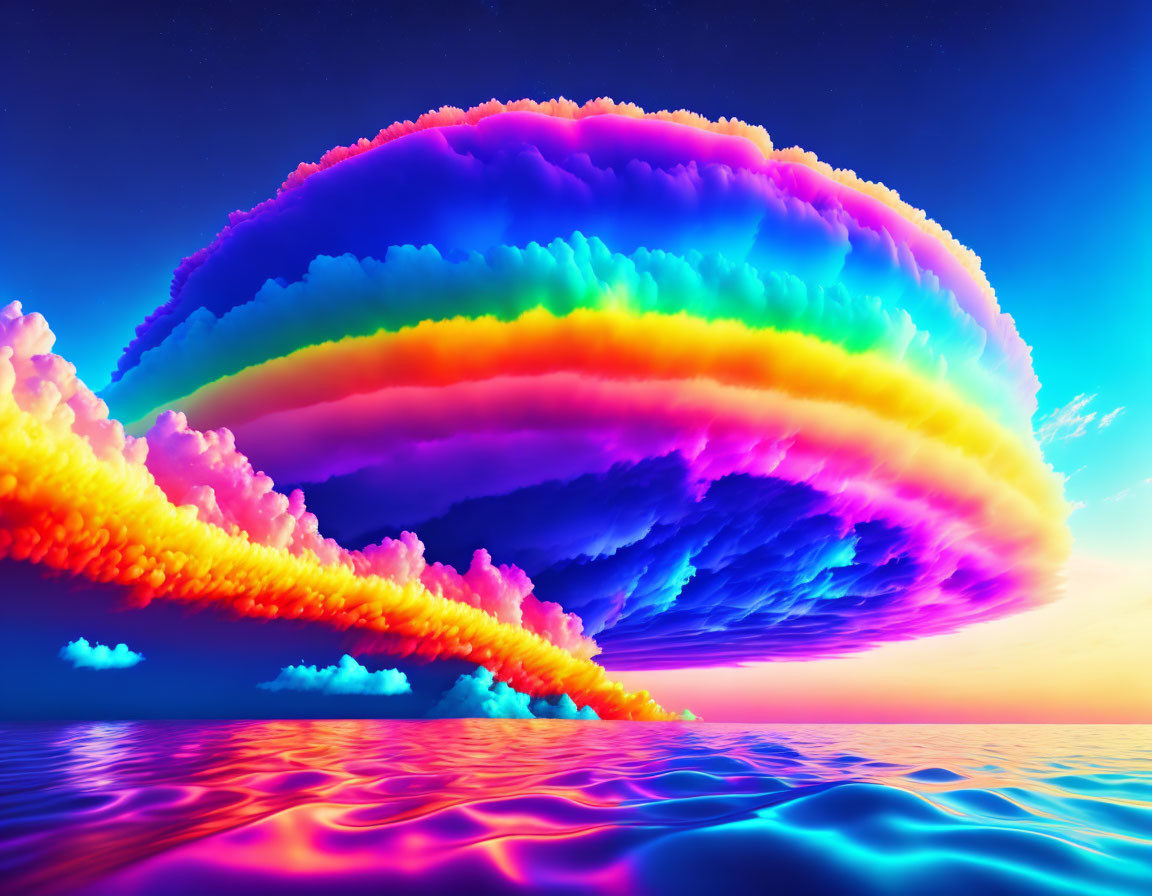 Colorful Digital Art: Rainbow Clouds Over Ocean at Dusk