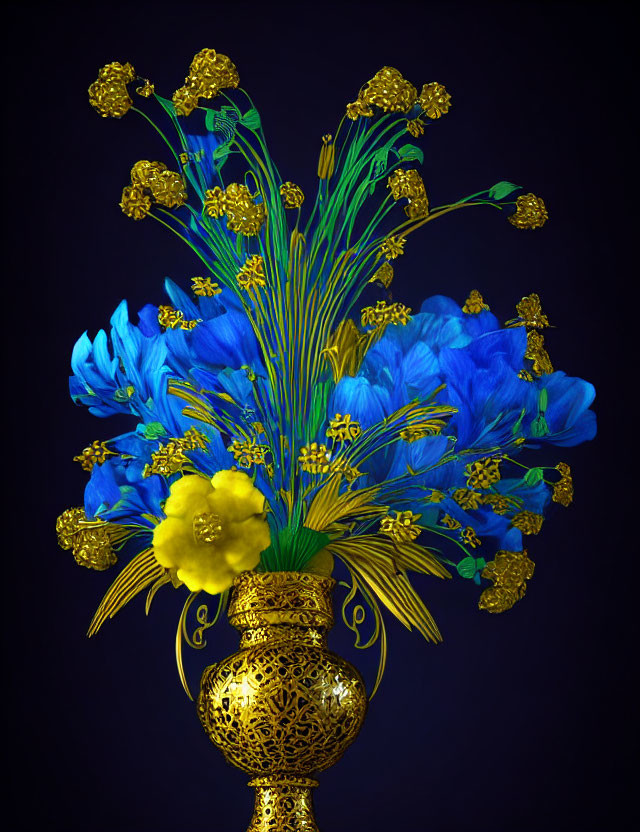 Gold vase with blue and yellow flowers on dark background - Detailed floral patterns