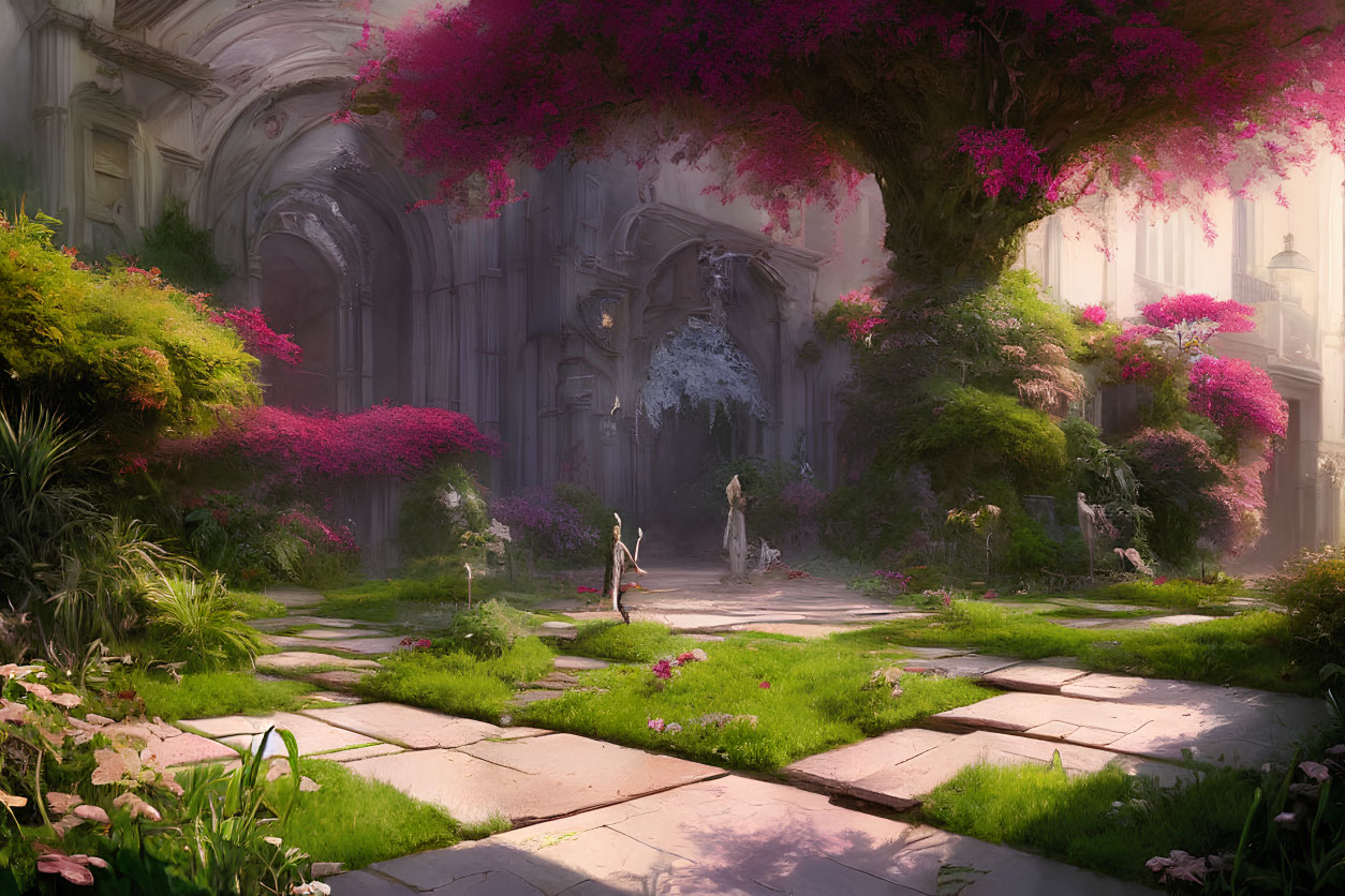 Tranquil garden with pink blossoms, fountain, statues, and ancient architecture