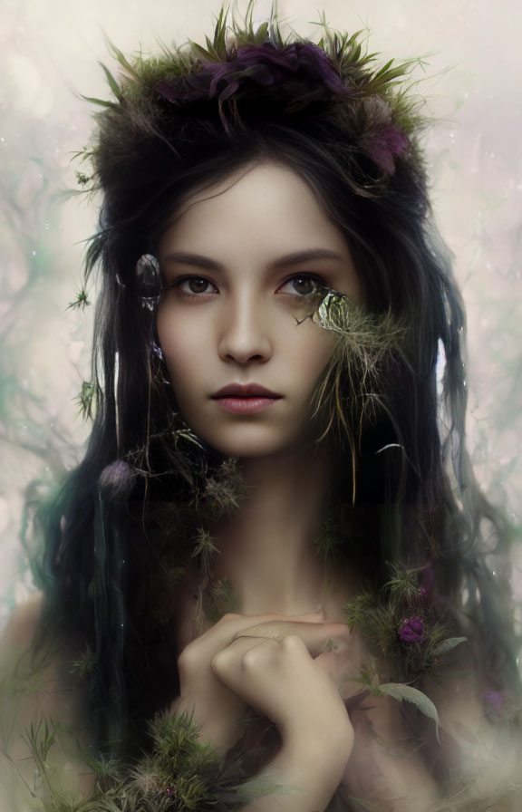 Young woman adorned with leaves and flowers, surrounded by greenery and a butterfly.