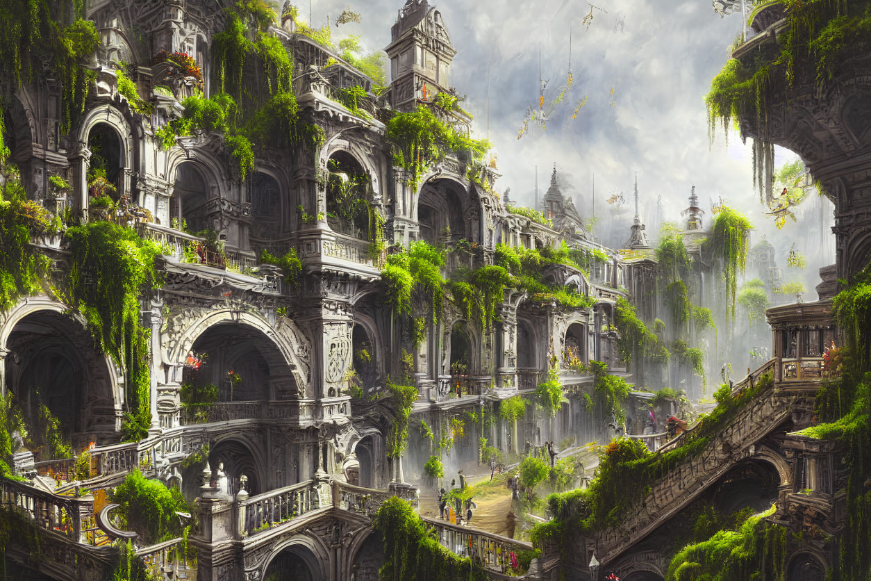 Ancient cityscape with lush greenery and ornate stone architecture