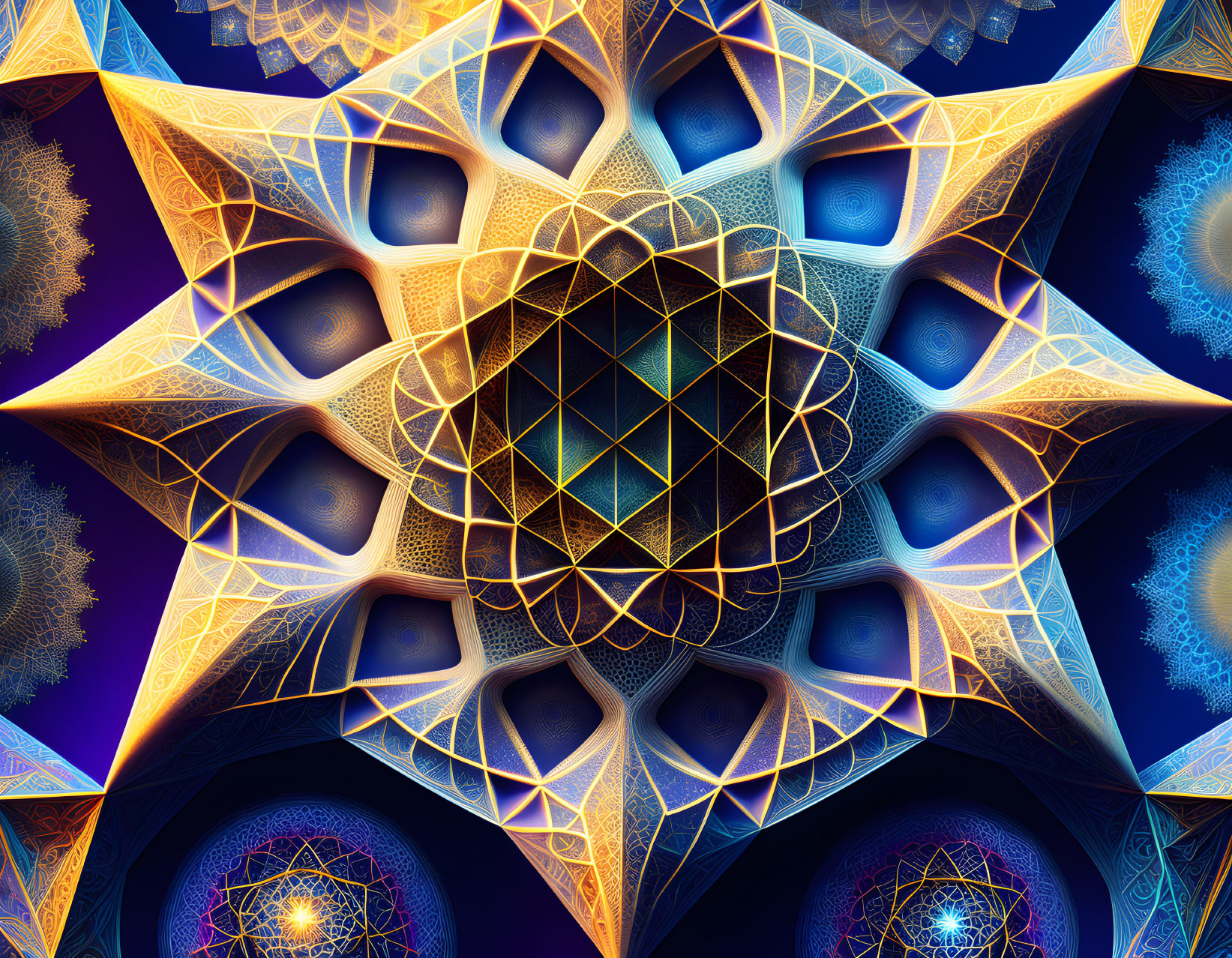 Intricate Blue and Gold Fractal with Symmetrical Mandala Design