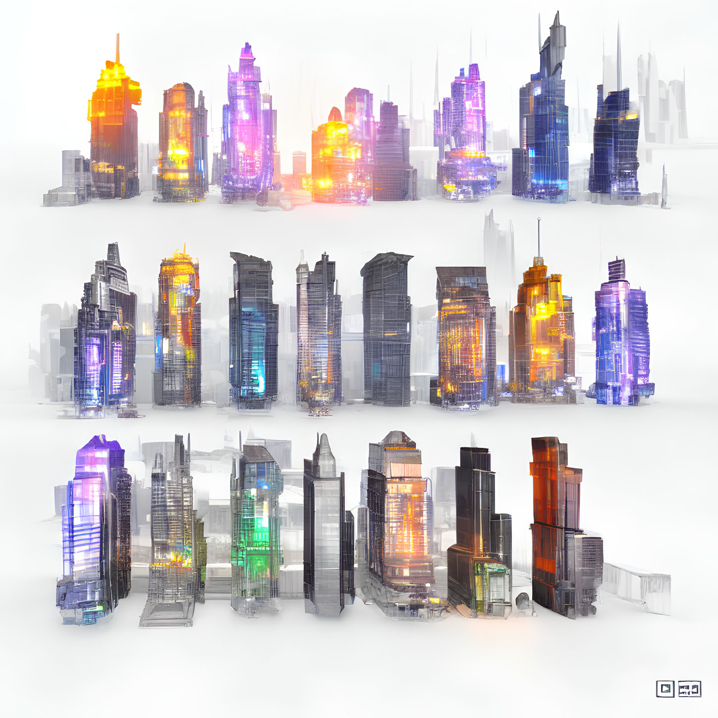 Colorful transparent skyscrapers in futuristic cityscape.