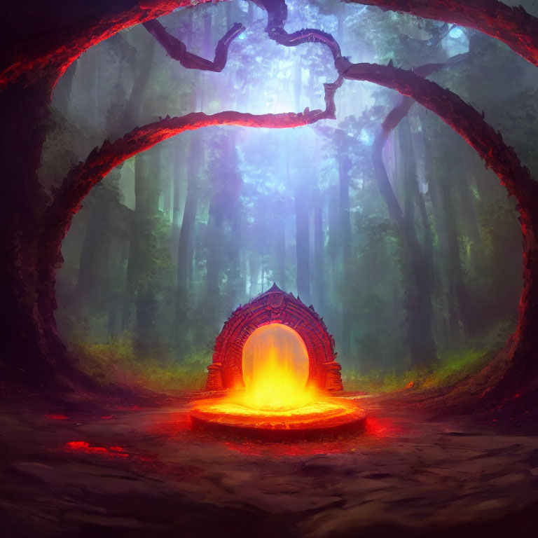 Ethereal forest scene with misty trees and lava-filled portal