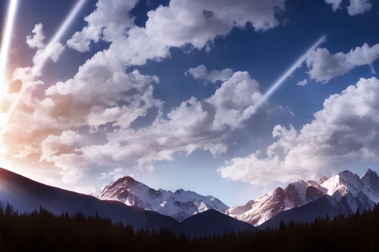 Sun rays through clouds over snowy mountain peaks at sunrise or sunset