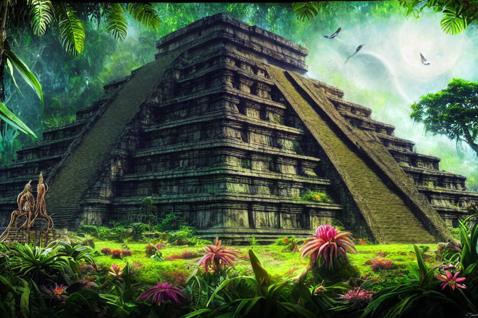 Maya pyramid in lush jungle under mystical sky