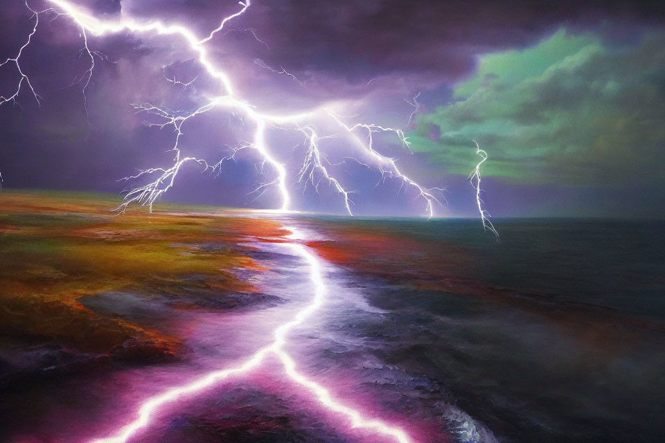 Intense Lightning Storm Over Dark Sea