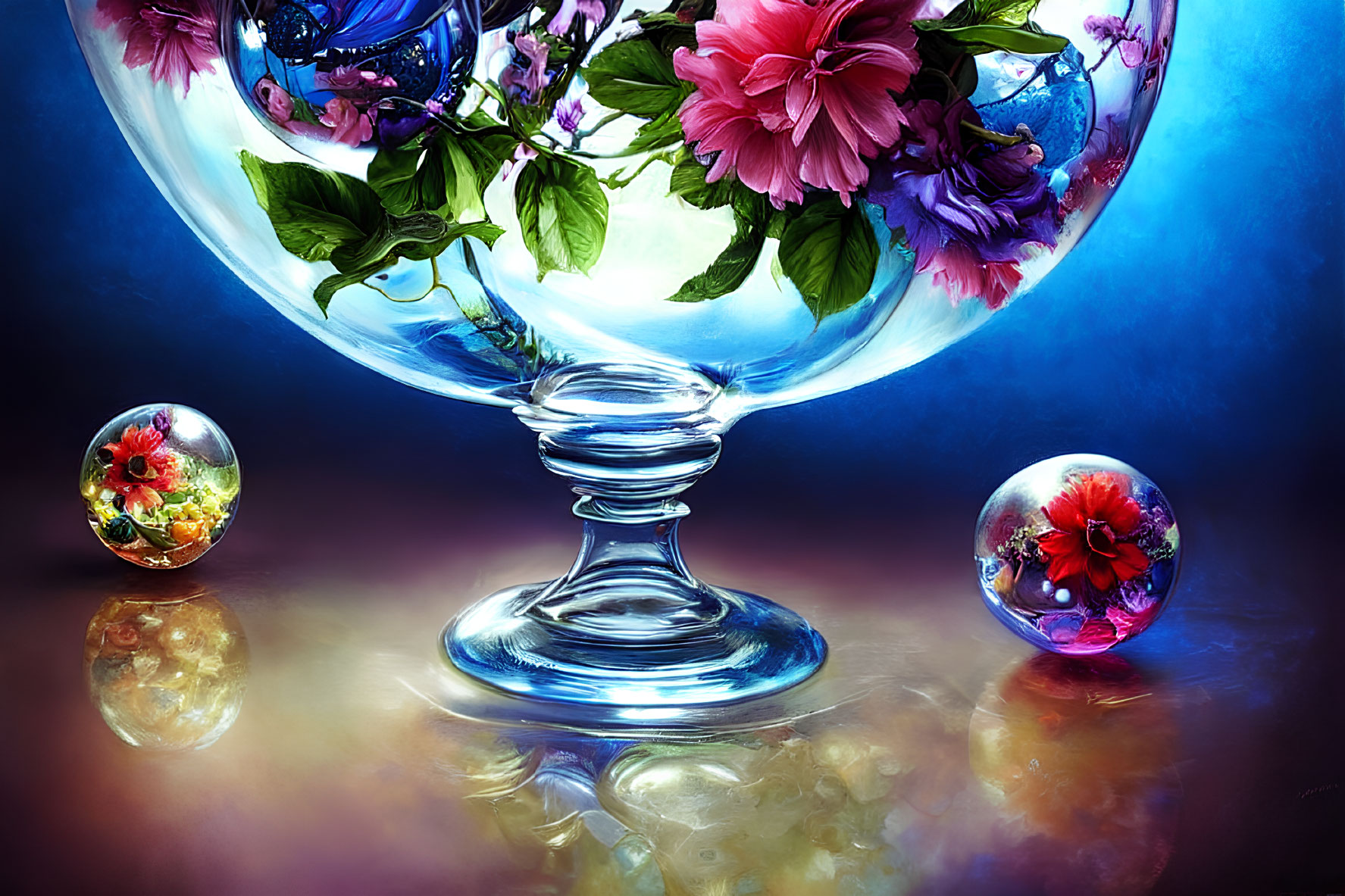 Colorful floral arrangement in glass vase with twisted stem, glass spheres, on reflective surface against blue backdrop