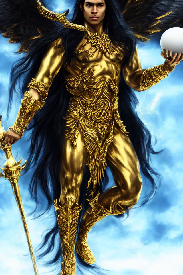 Majestic figure in golden armor with wings and orb against blue sky