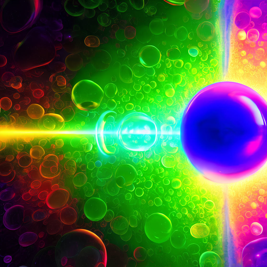 Colorful abstract art with bubbles, light beam, blue and purple spheres