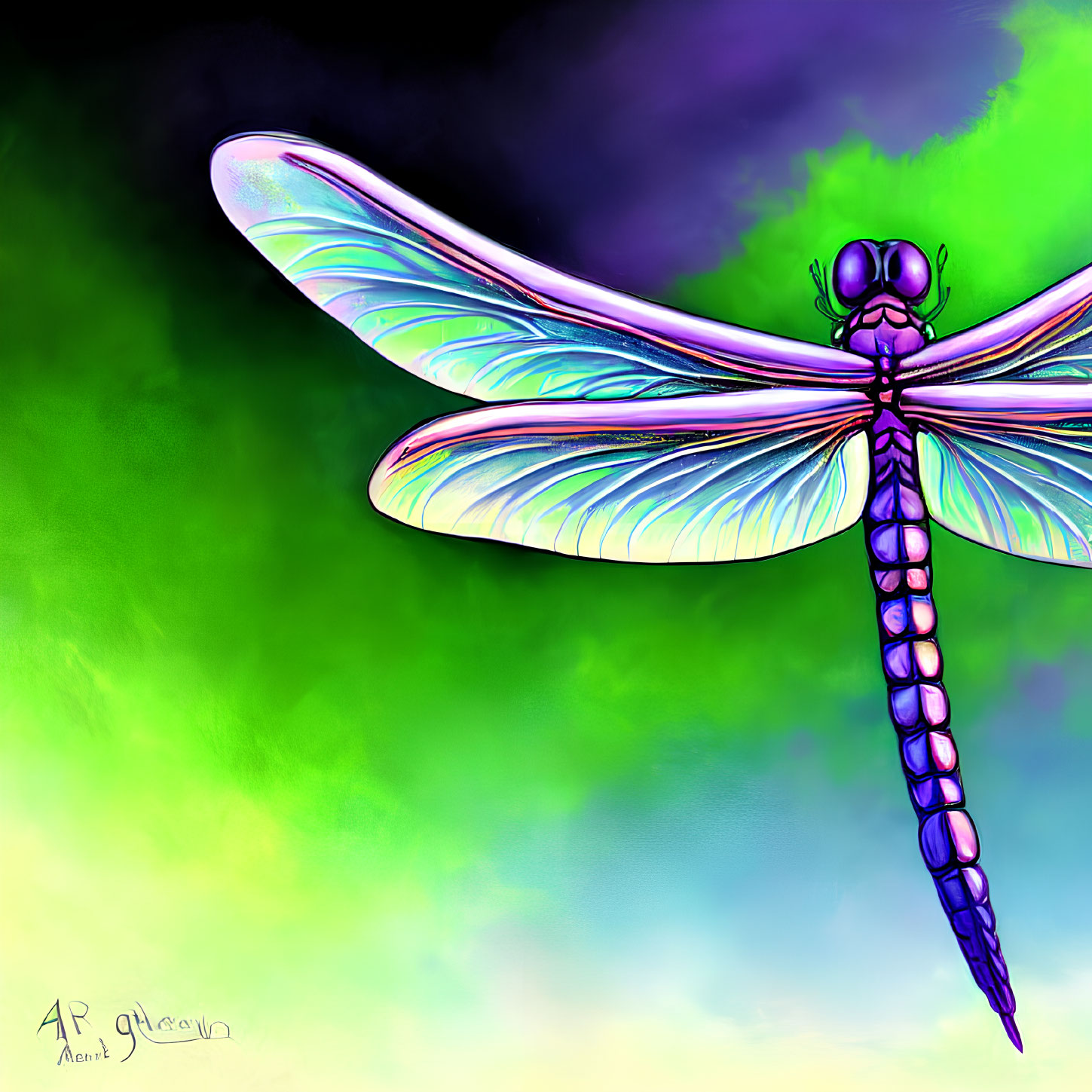 Colorful Dragonfly Illustration with Iridescent Wings on Gradient Background