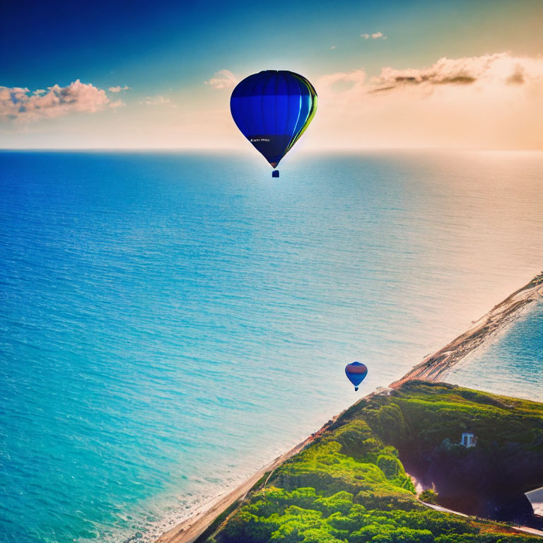 Hot Air Balloon Over Coastal Cliffs and Sea