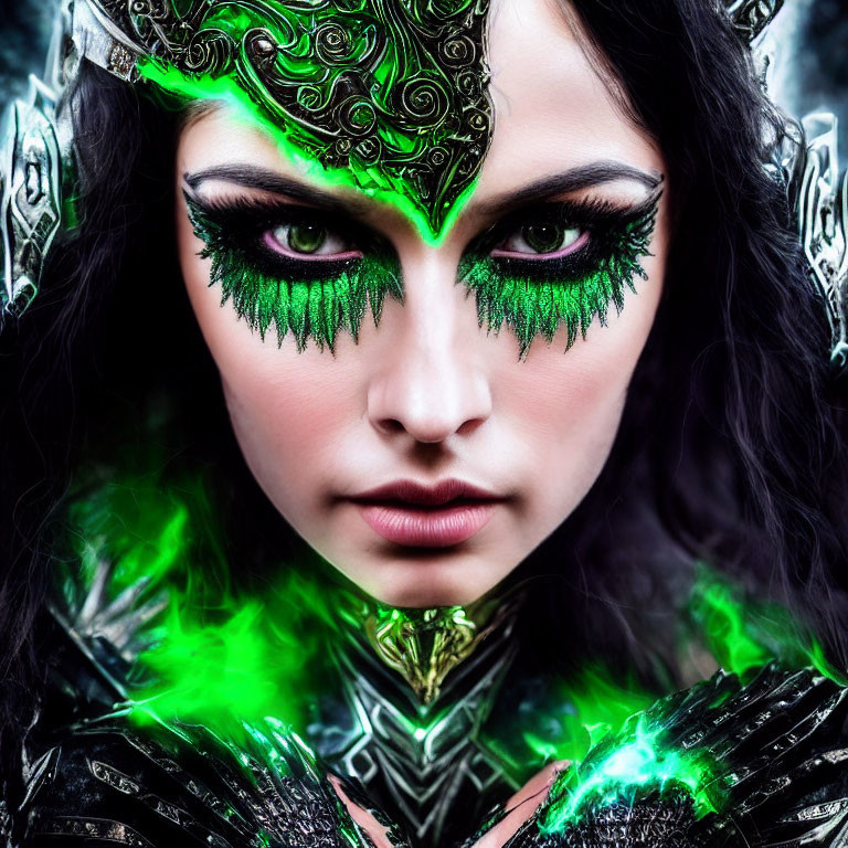 Woman with intricate green makeup and decorative headdress in mystical setting.