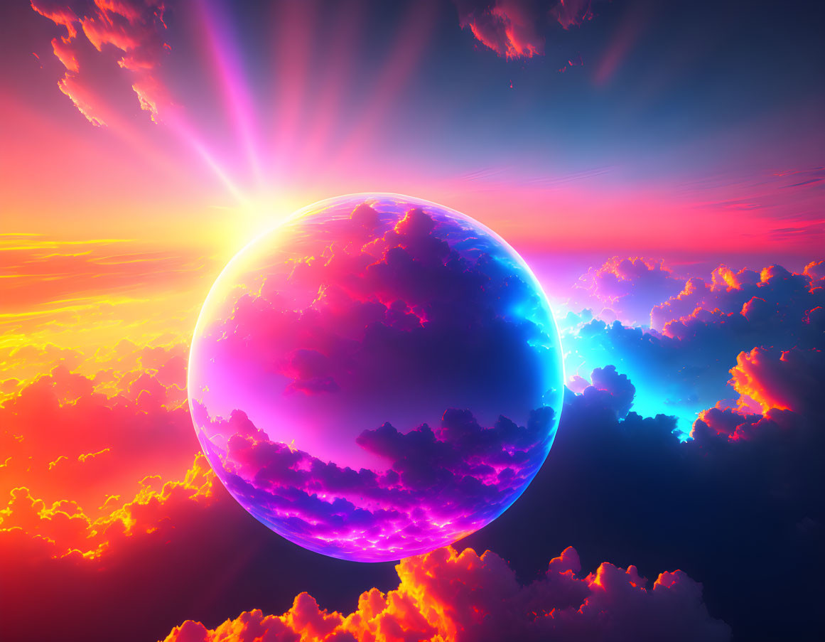 Colorful surreal image: Glowing sphere in vibrant sunset sky