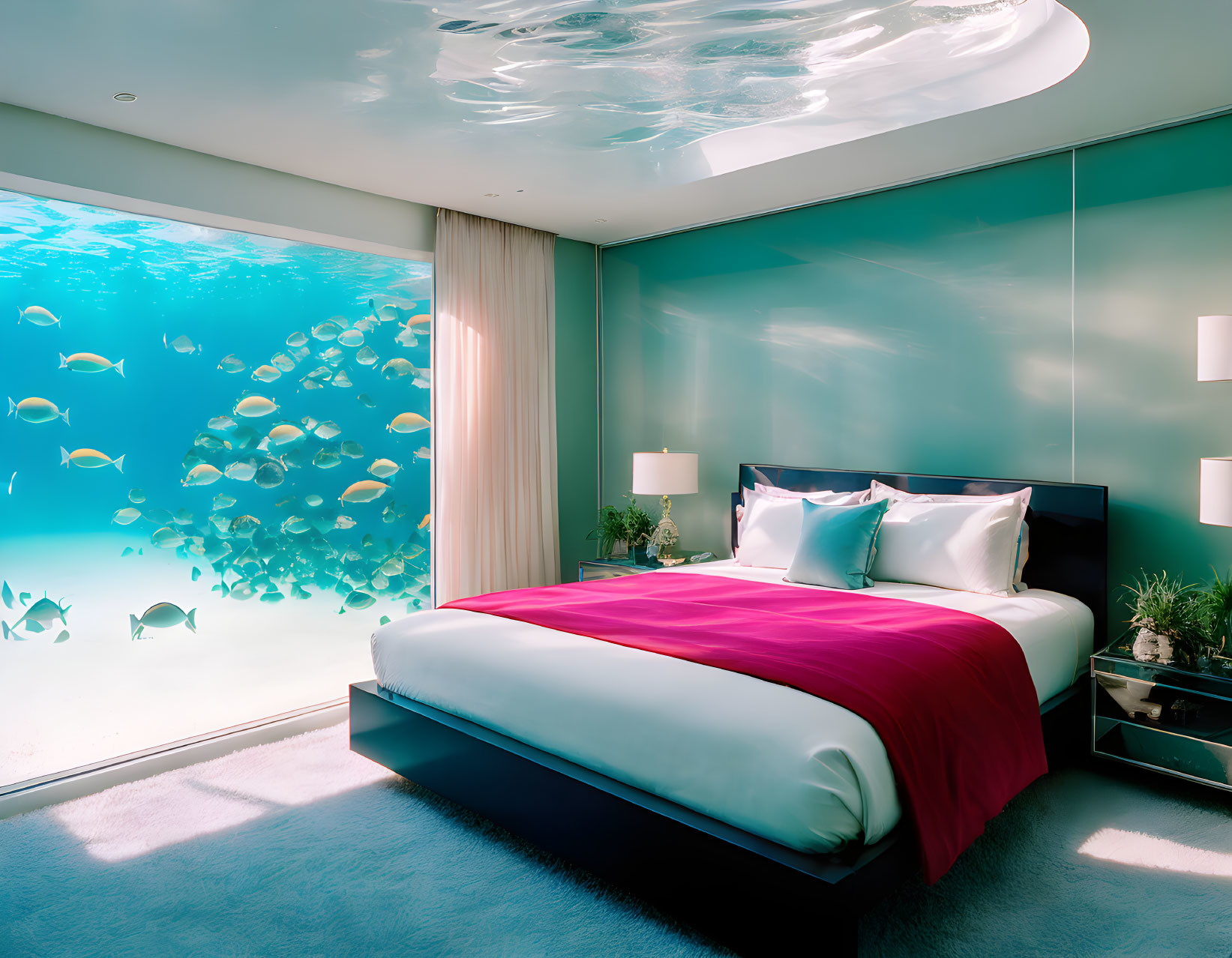 Modern Bedroom with Large Aquarium Wall and King-Sized Bed