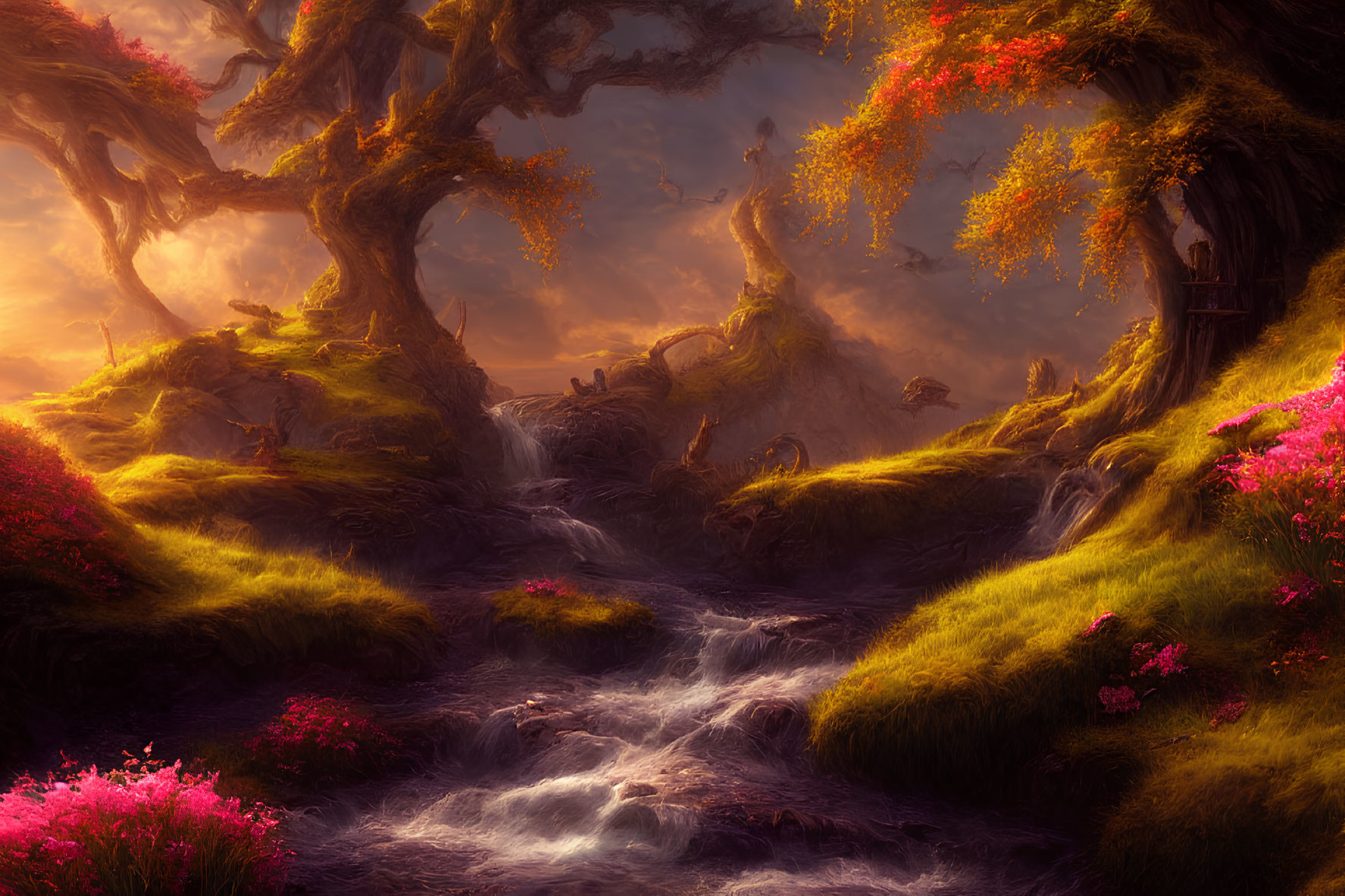 Tranquil fantasy landscape with stream, flowers, rocks, and ancient trees