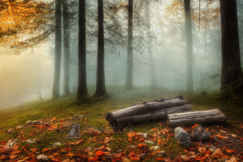 Misty Forest with Autumn Leaves and Soft Light