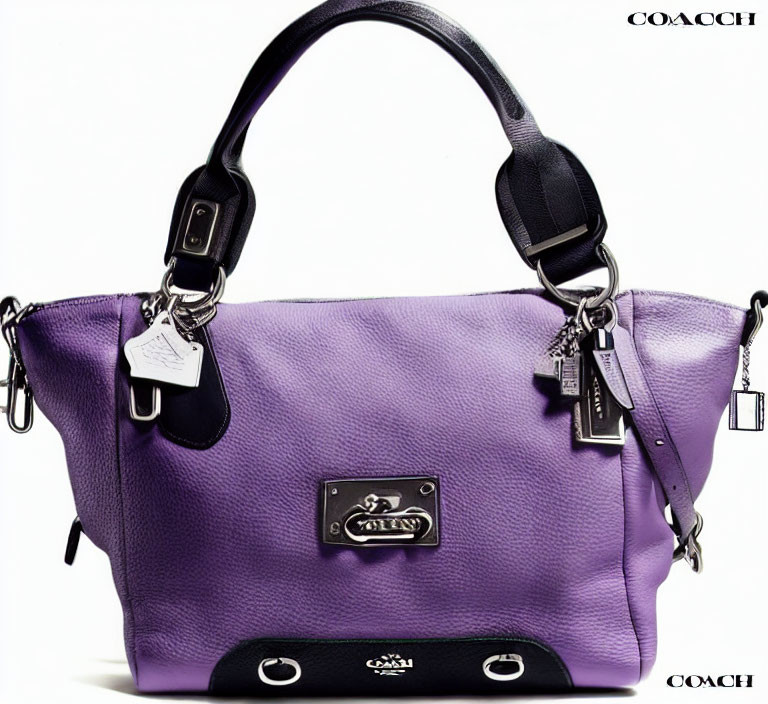 Purple Coach Leather Handbag with Silver Hardware and Logo Plaque