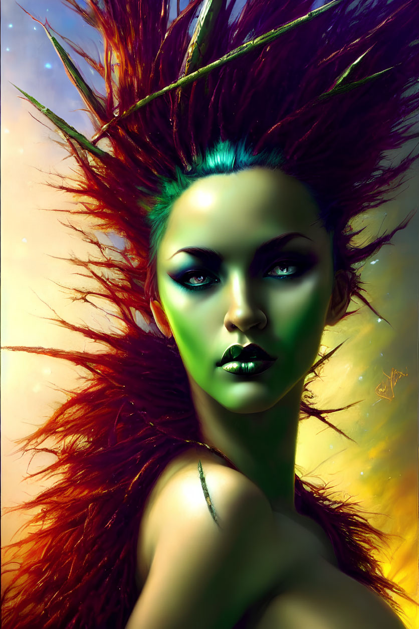 Stylized portrait of a woman with green skin and spikey red hair