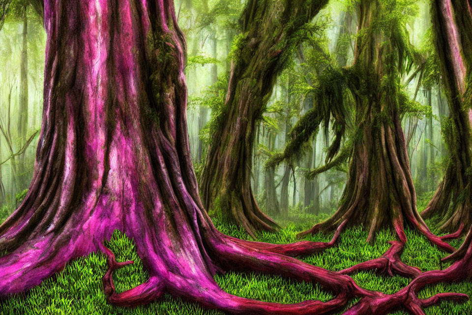 Lush Forest with Vibrant Green Grass and Purple-Barked Trees