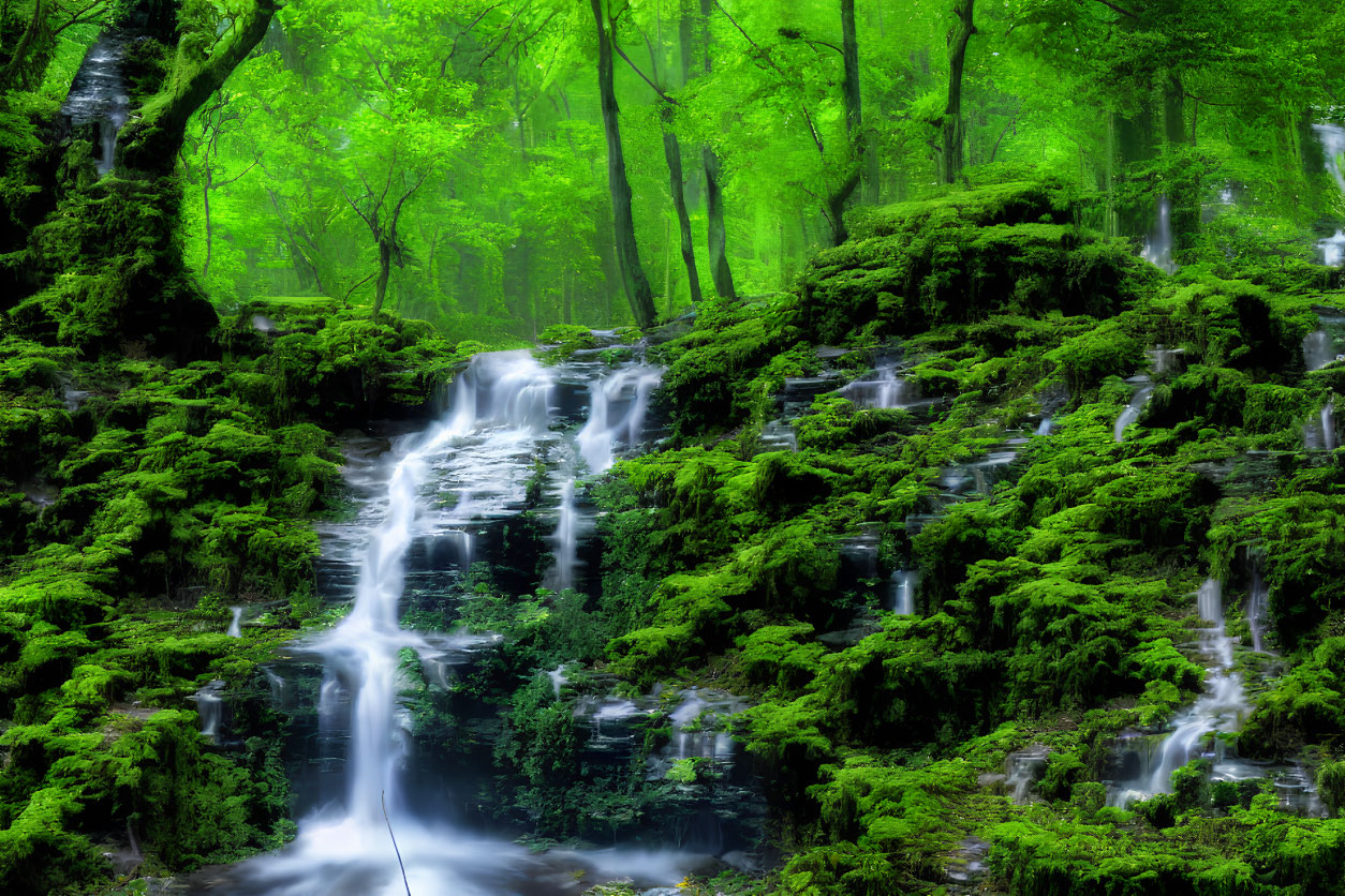 Serene forest scene with moss-covered rocks and tiered waterfall