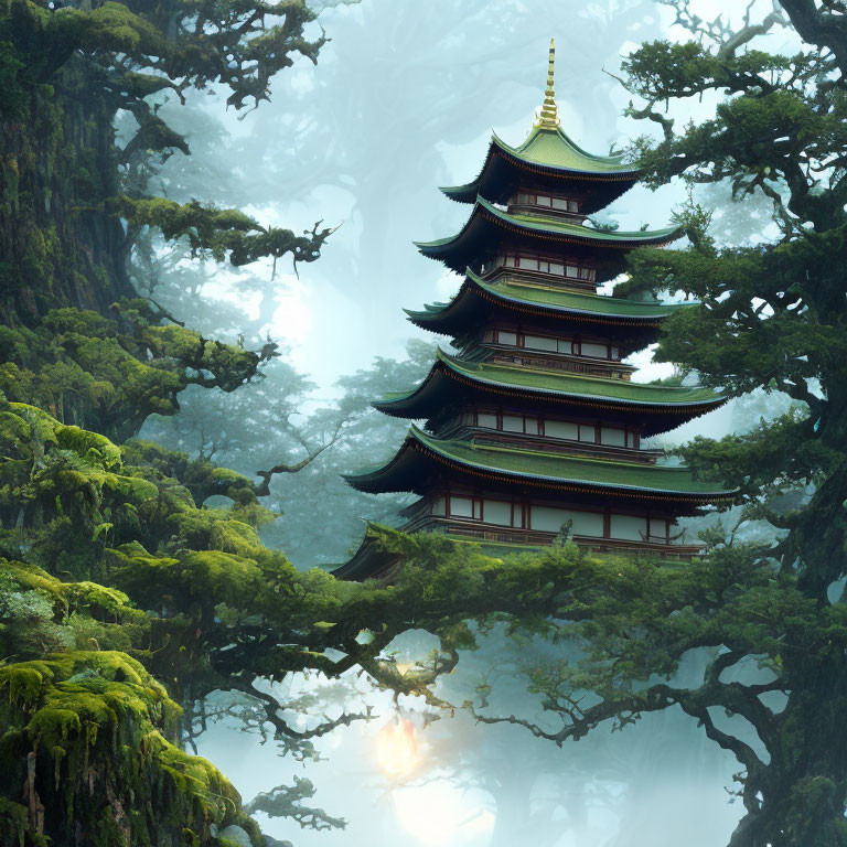 Traditional multi-tiered pagoda in lush forest setting with misty sunlight.