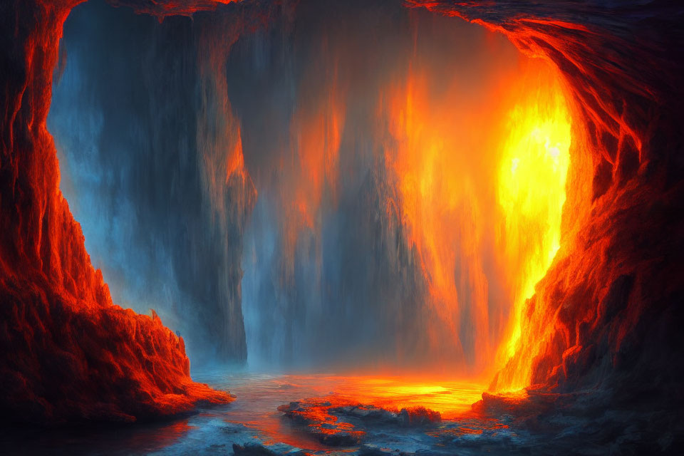 Vibrant molten lava cave with blue and orange hues