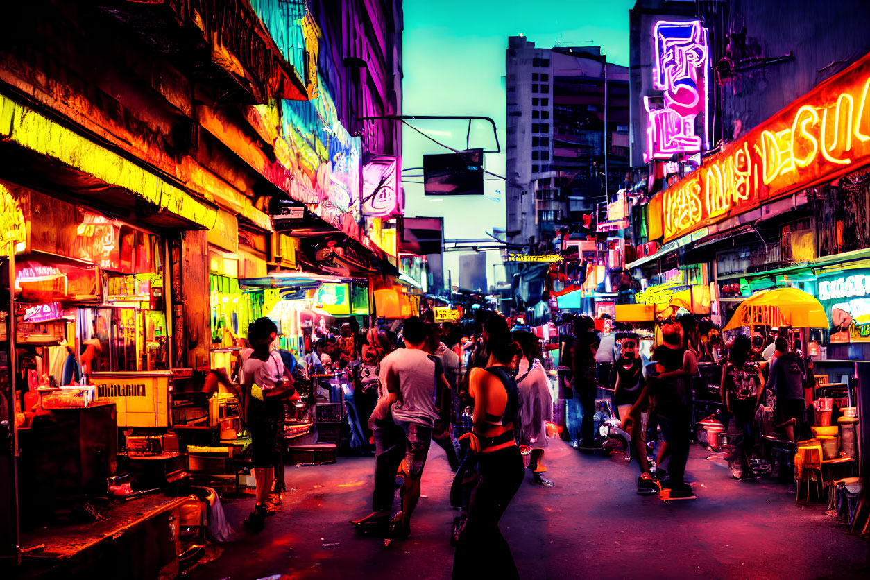 Colorful street market at dusk with neon signs, bustling crowds, and urban backdrop