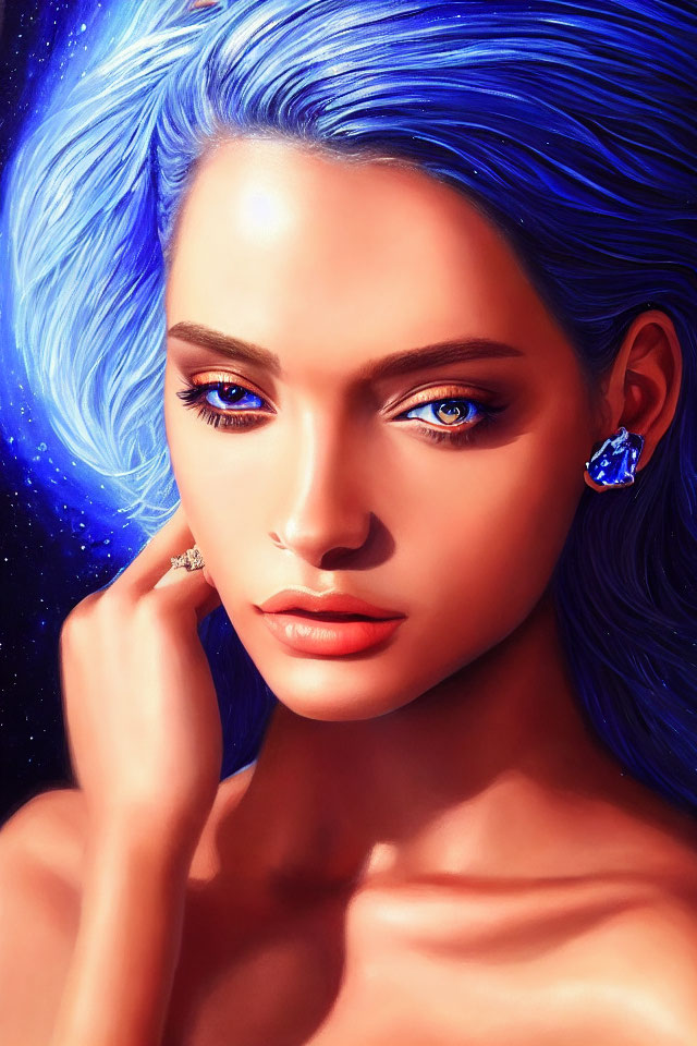 Vibrant blue-haired woman in celestial digital artwork