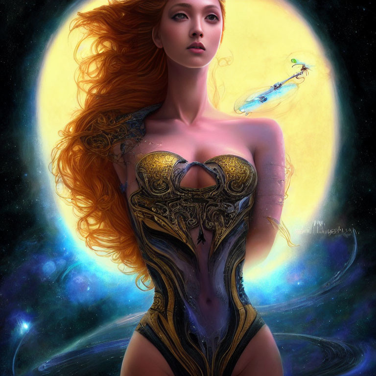 Fantastical woman with red hair in ornate attire on cosmic background