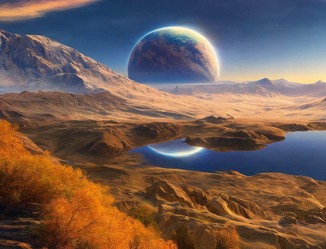 Surreal alien desert landscape with Earth-like planet and reflective lakes