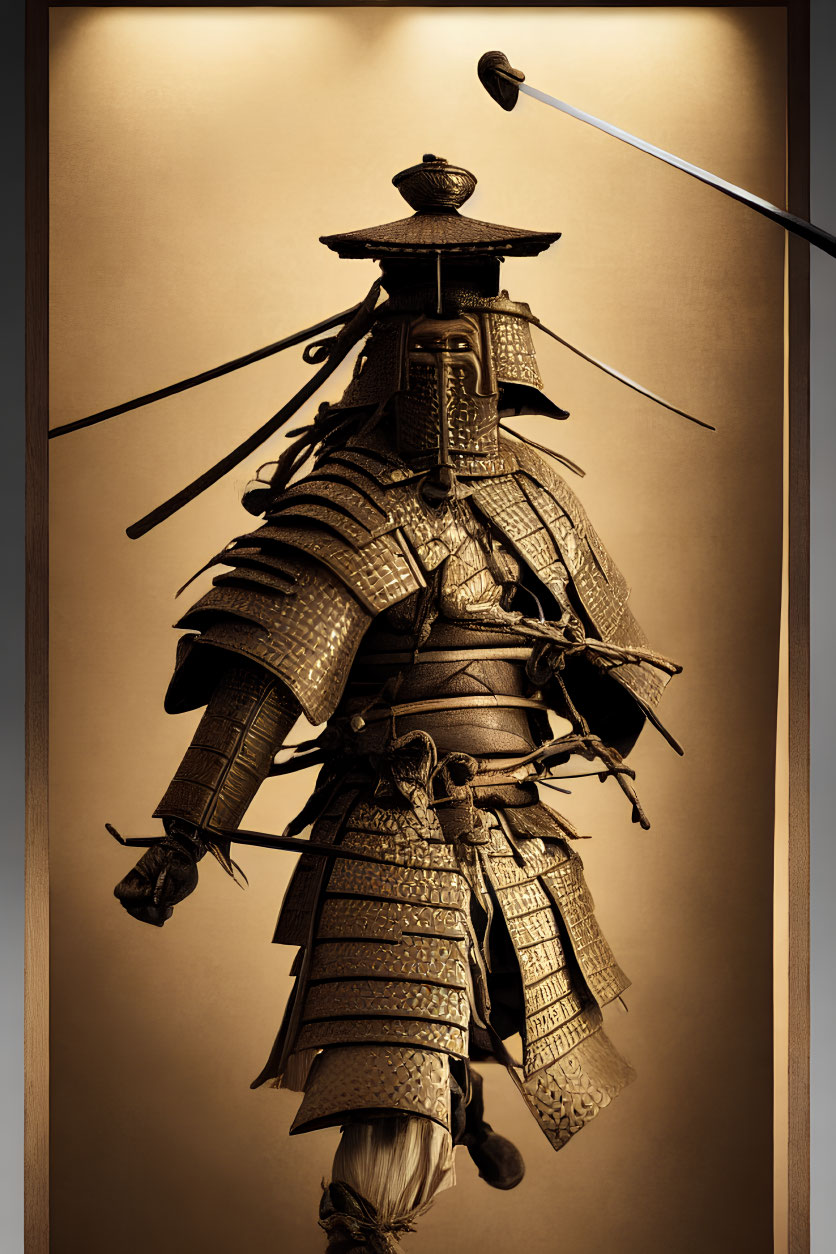 Japanese Samurai Armor with Kabuto Helmet and Sword on Warm Background