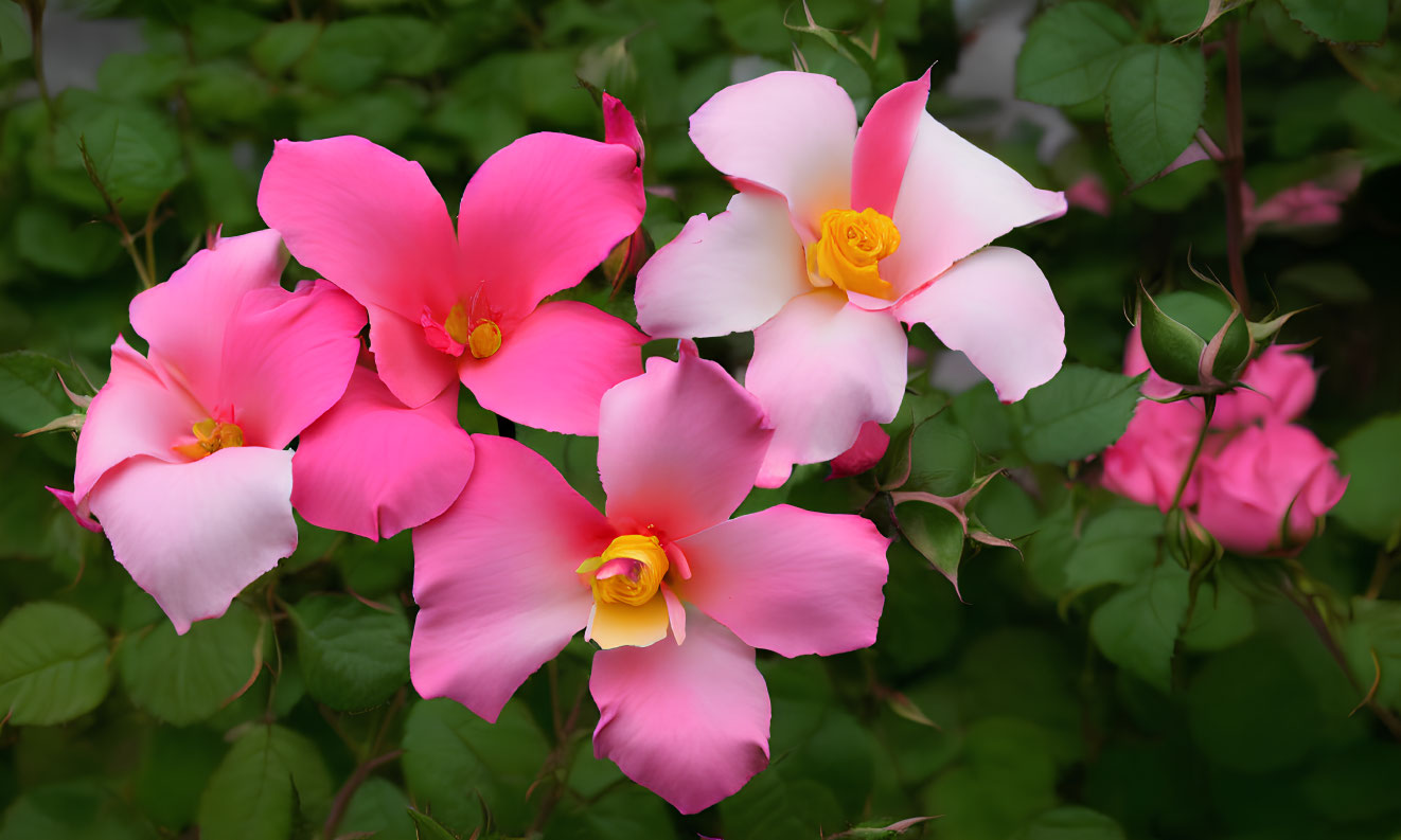 Bright Pink Flowers with Yellow Pistils in Lush Green Foliage