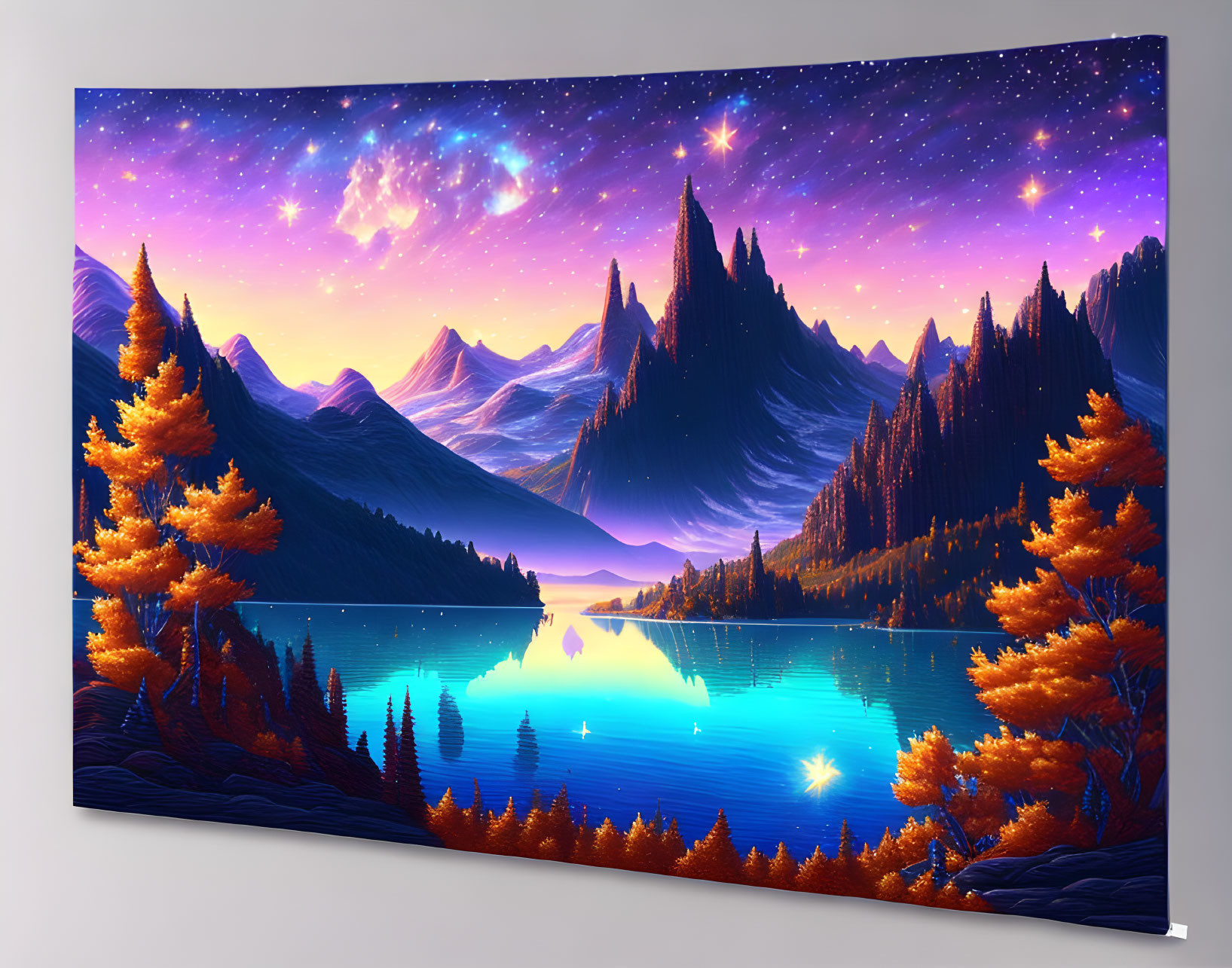 Colorful digital artwork: Mountain landscape at night with starry sky