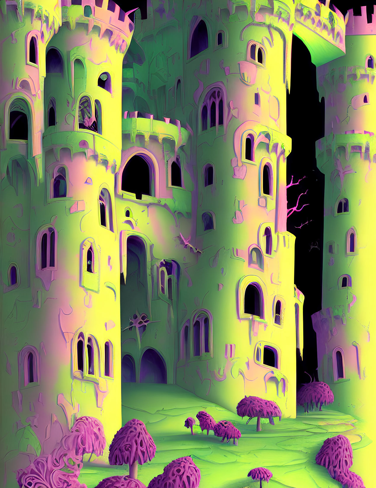 Surreal fantasy castle with neon green and pink hues surrounded by bizarre vegetation