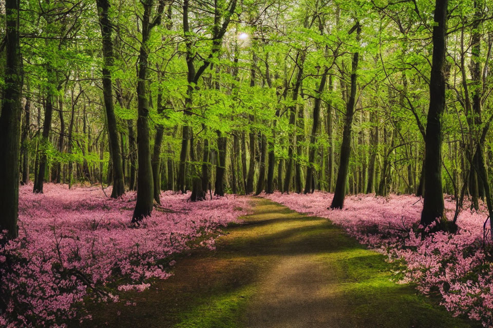 Tranquil forest path with pink flowers, green leaves, and sunlight