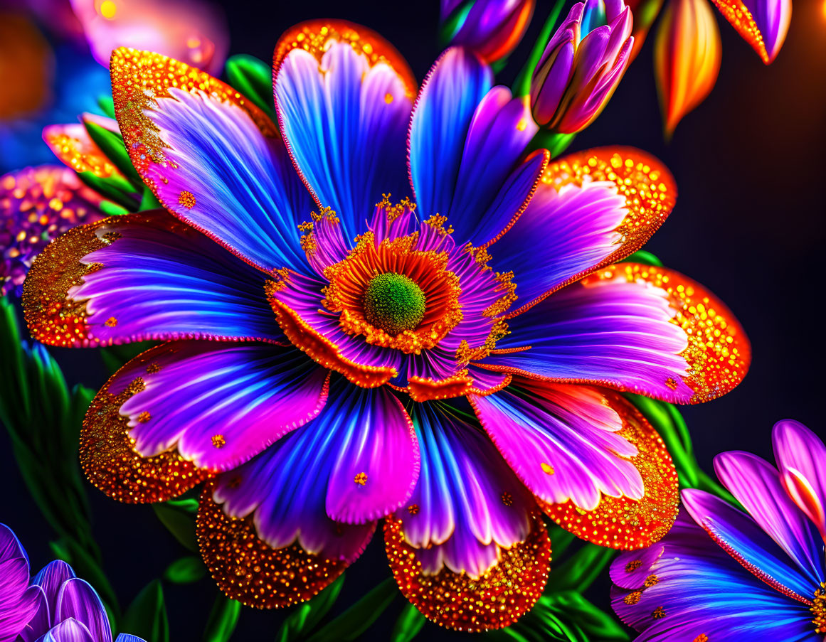 Digitally-enhanced flower with iridescent blue and purple petals on dark background