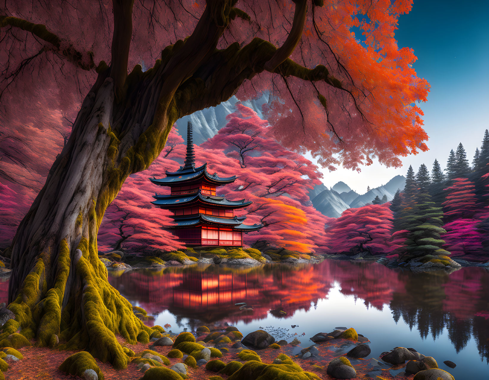 Traditional pagoda by serene lake with pink foliage under dramatic sky