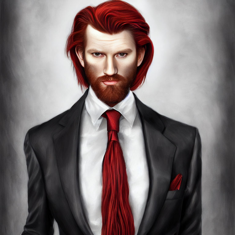 Vibrant red-haired man in black suit with serious expression