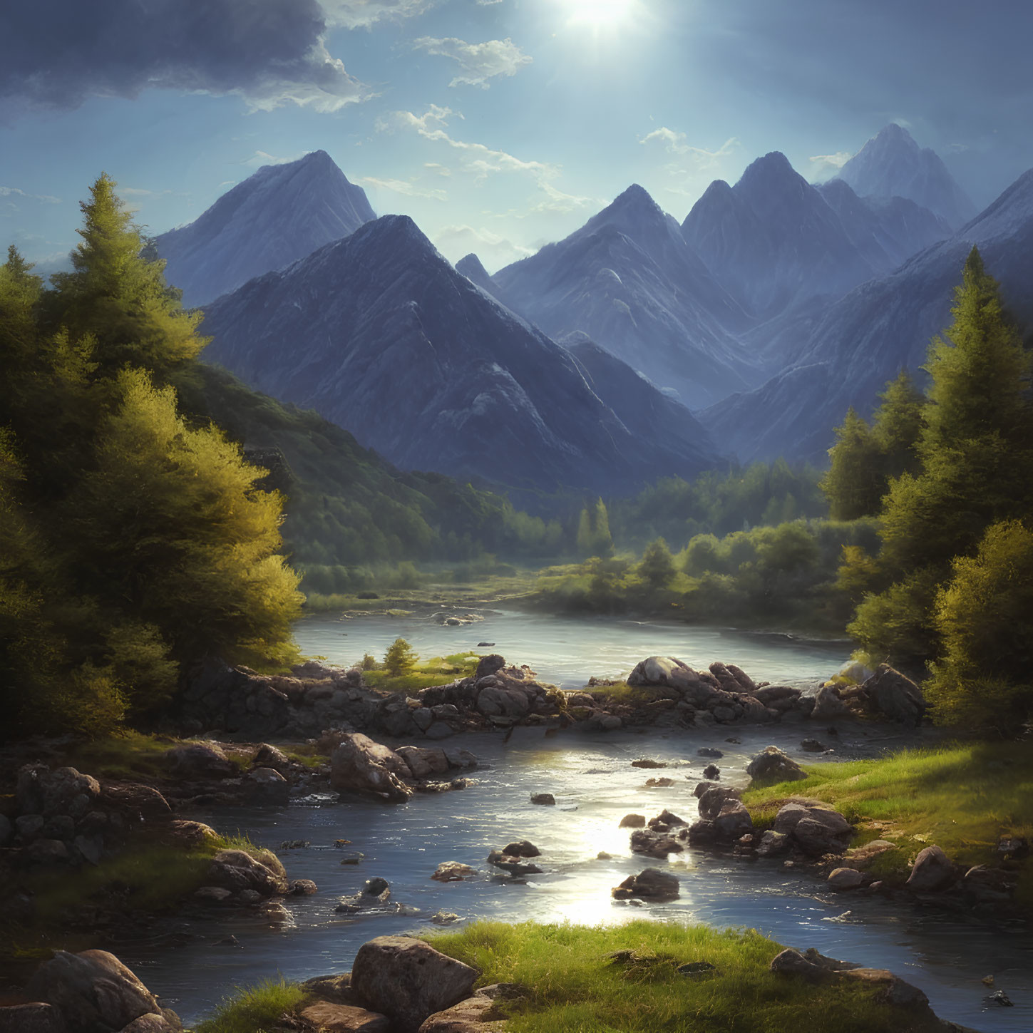 Tranquil landscape with river, trees, and mountains