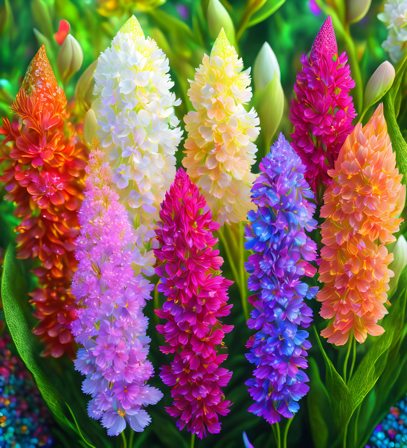 Colorful Hyacinth Flowers in Full Bloom Against Blurred Green Background