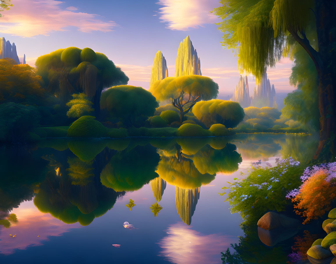 Tranquil lake reflecting lush green trees and colorful flora under a hazy sky