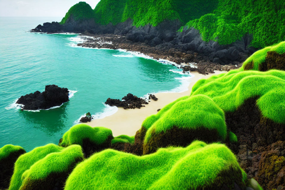 Scenic moss-covered hills by turquoise sea and rocky outcrops