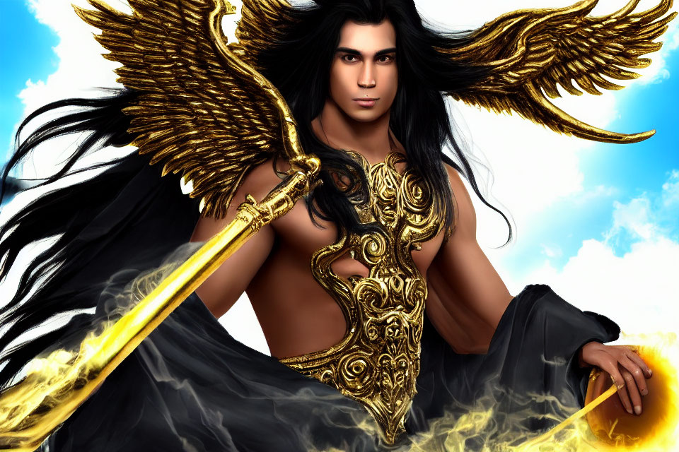 Male Figure in Golden-Winged Armor with Staff on Blue Sky Background