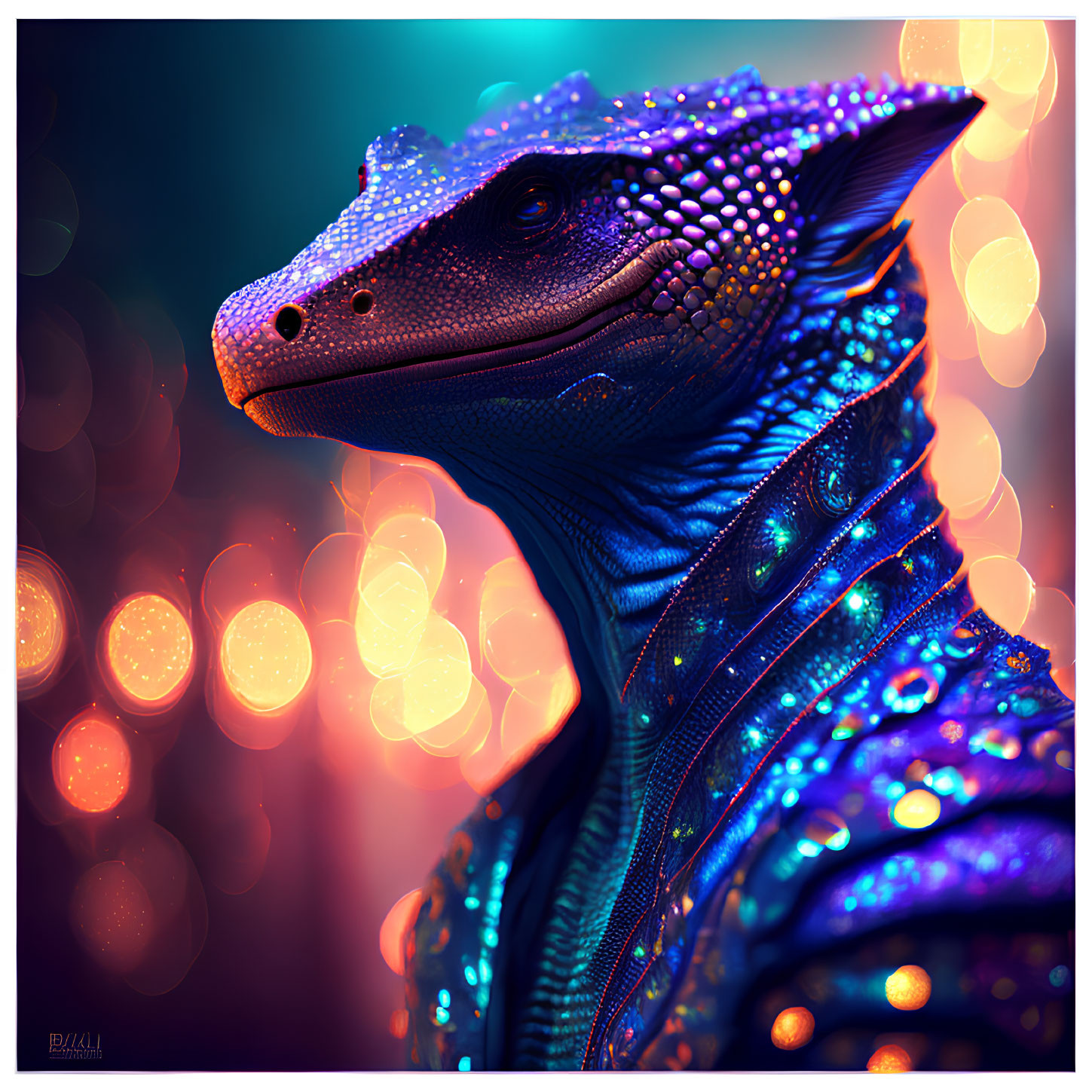 Blue dragon digital artwork with intricate scales on bokeh background