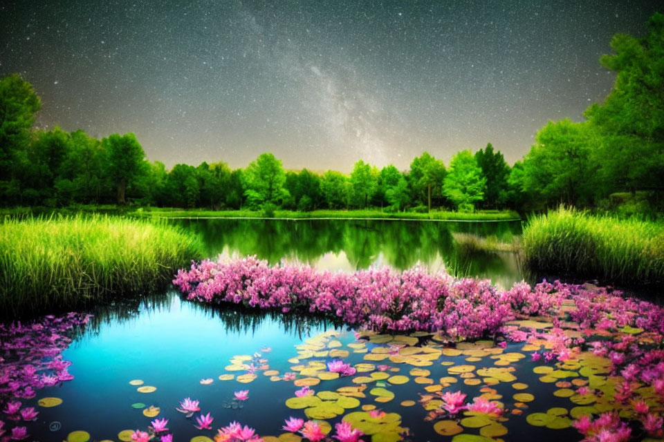 Tranquil lake with pink water lilies under starry night sky