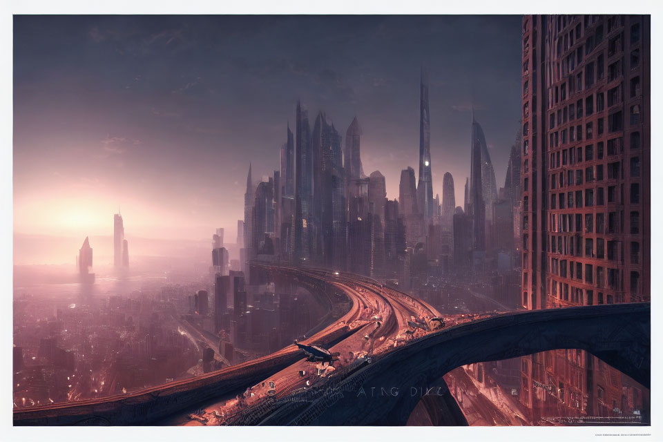 Futuristic cityscape with tall skyscrapers and highway at sunset