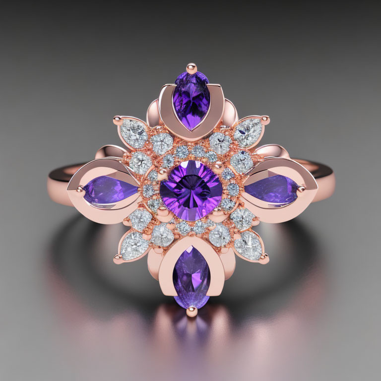 Rose Gold Ring with Purple Gemstone and Diamond Floral Design