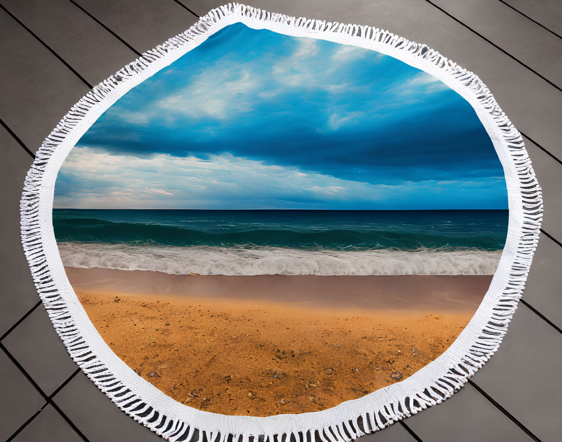 Circular Fringed Beach Towel with Tropical Seaside Landscape Print