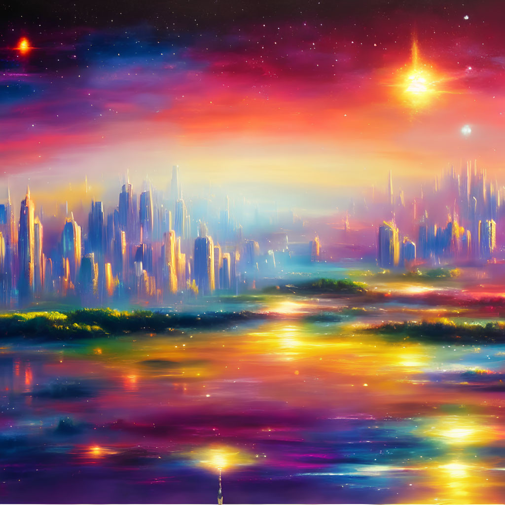 Futuristic city skyline under cosmic sky with stars and nebulas